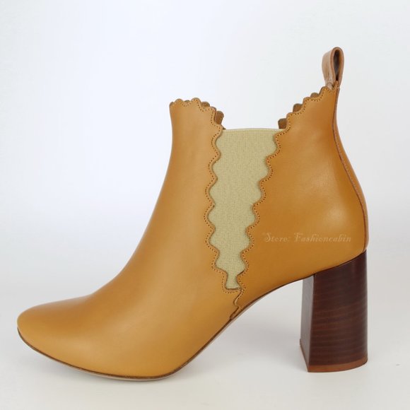 NEW CHLOÉ Scalloped Leather Ankle Boots - Block Heel Booties for Work or Brunch - Picture 2 of 14